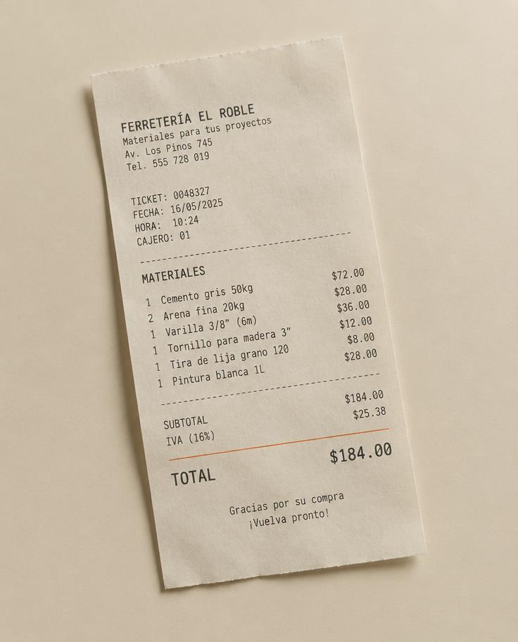 Recibo de materiales por $184